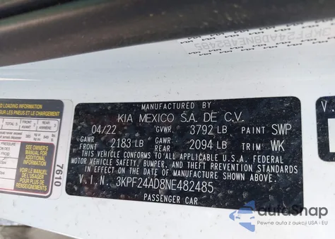 2022 Kia Forte Lxs из США, поврежденный, VIN 3KPF24AD8NE482485